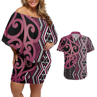 Maori Taniko Patterns Couples Matching Off Shoulder Short Dress and Hawaiian Shirt Pink Patiki Motifs Mix Whakairo Ngaru LT7 Pink - Polynesian Pride