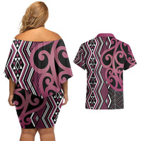 Maori Taniko Patterns Couples Matching Off Shoulder Short Dress and Hawaiian Shirt Pink Patiki Motifs Mix Whakairo Ngaru LT7 - Polynesian Pride