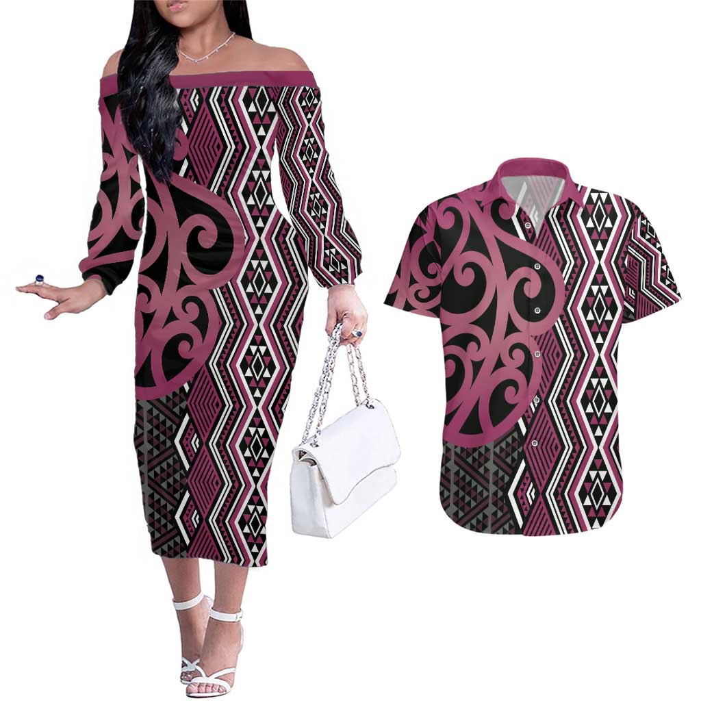 Maori Taniko Patterns Couples Matching Off The Shoulder Long Sleeve Dress and Hawaiian Shirt Pink Patiki Motifs Mix Whakairo Ngaru LT7 Pink - Polynesian Pride