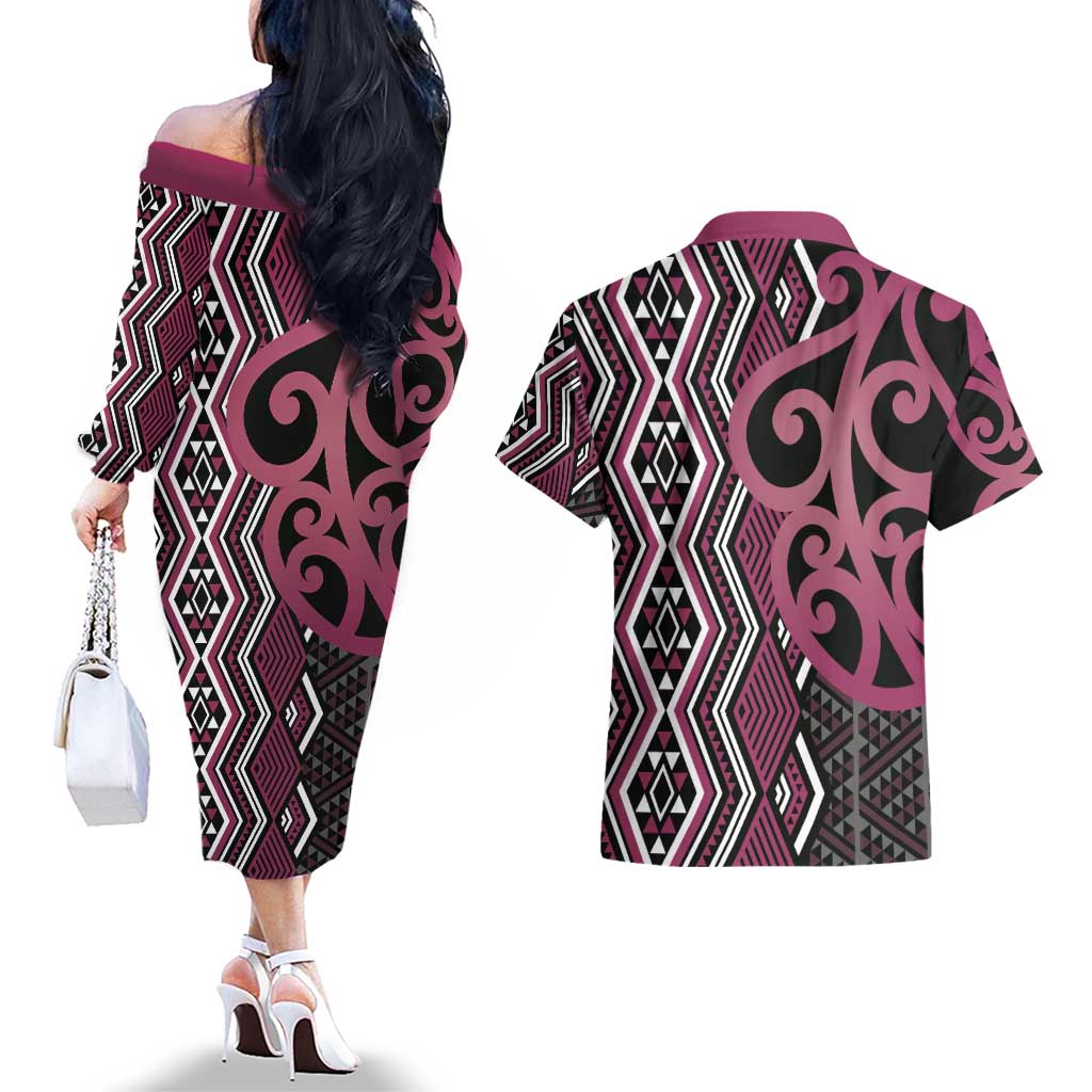 Maori Taniko Patterns Couples Matching Off The Shoulder Long Sleeve Dress and Hawaiian Shirt Pink Patiki Motifs Mix Whakairo Ngaru LT7 - Polynesian Pride