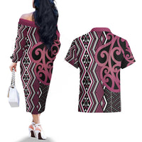 Maori Taniko Patterns Couples Matching Off The Shoulder Long Sleeve Dress and Hawaiian Shirt Pink Patiki Motifs Mix Whakairo Ngaru LT7 - Polynesian Pride