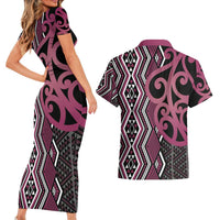 Maori Taniko Patterns Couples Matching Short Sleeve Bodycon Dress and Hawaiian Shirt Pink Patiki Motifs Mix Whakairo Ngaru LT7 - Polynesian Pride