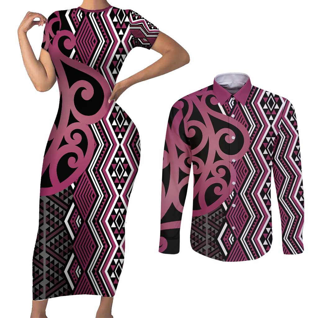 Maori Taniko Patterns Couples Matching Short Sleeve Bodycon Dress and Long Sleeve Button Shirt Pink Patiki Motifs Mix Whakairo Ngaru