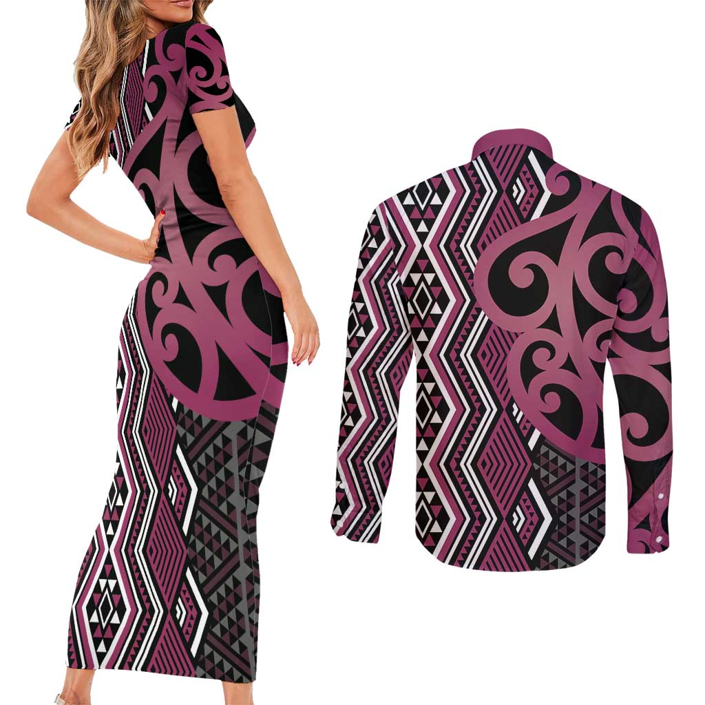 Maori Taniko Patterns Couples Matching Short Sleeve Bodycon Dress and Long Sleeve Button Shirt Pink Patiki Motifs Mix Whakairo Ngaru LT7 - Polynesian Pride