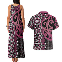 Maori Taniko Patterns Couples Matching Tank Maxi Dress and Hawaiian Shirt Pink Patiki Motifs Mix Whakairo Ngaru LT7 - Polynesian Pride