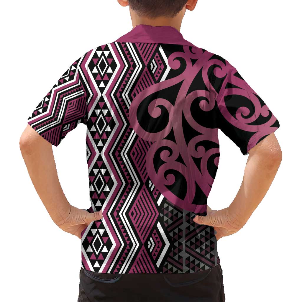 Maori Taniko Patterns Family Matching Long Sleeve Bodycon Dress and Hawaiian Shirt Pink Patiki Motifs Mix Whakairo Ngaru LT7 - Polynesian Pride