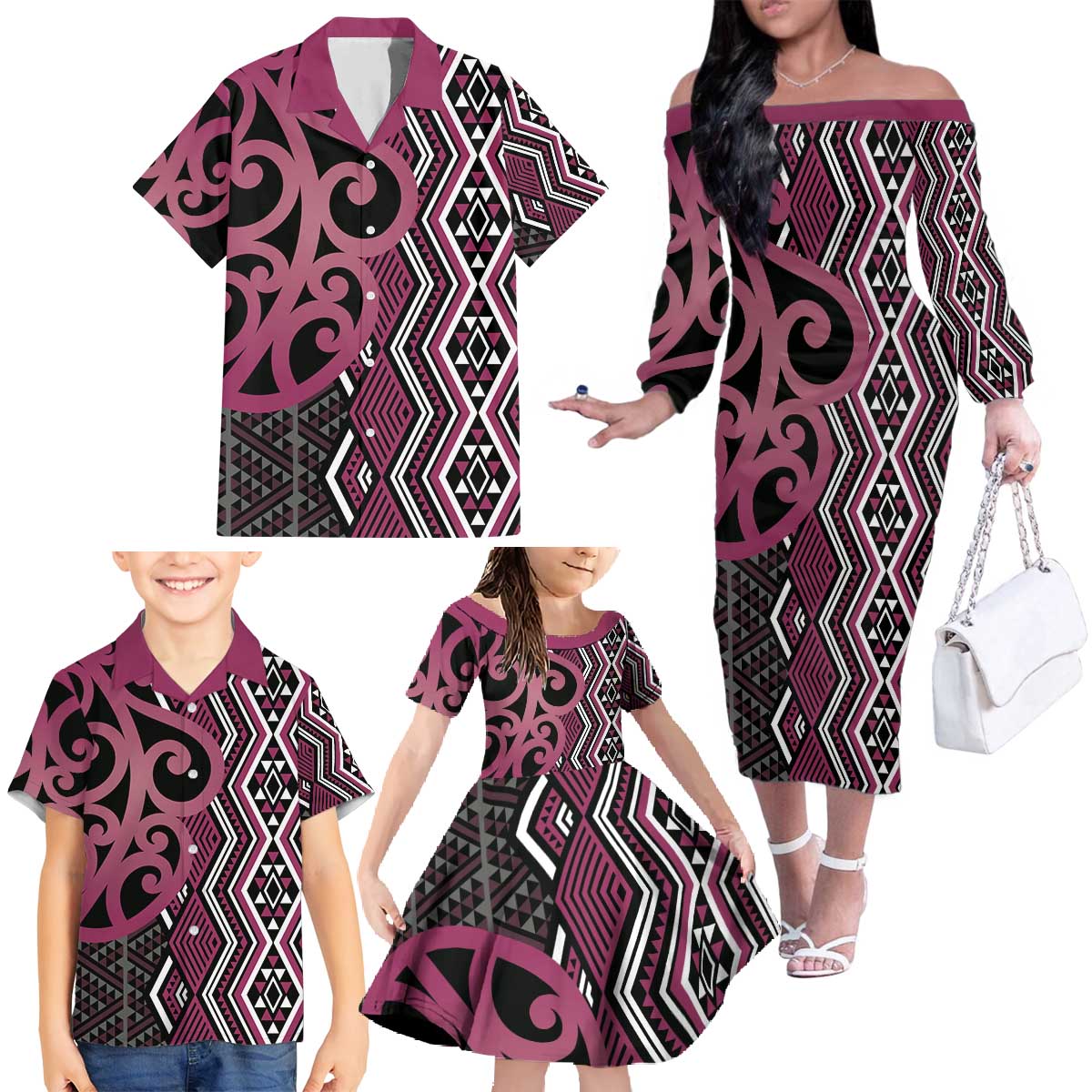 Maori Taniko Patterns Family Matching Off The Shoulder Long Sleeve Dress and Hawaiian Shirt Pink Patiki Motifs Mix Whakairo Ngaru LT7 - Polynesian Pride