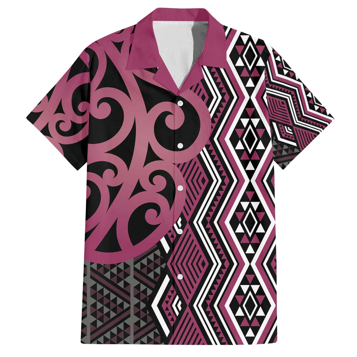 Maori Taniko Patterns Family Matching Off The Shoulder Long Sleeve Dress and Hawaiian Shirt Pink Patiki Motifs Mix Whakairo Ngaru LT7 Dad's Shirt - Short Sleeve Pink - Polynesian Pride