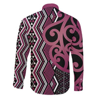 Maori Taniko Patterns Family Matching Off The Shoulder Long Sleeve Dress and Hawaiian Shirt Pink Patiki Motifs Mix Whakairo Ngaru LT7 - Polynesian Pride