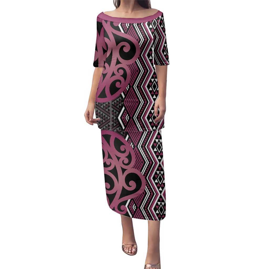 Maori Taniko Patterns Family Matching Puletasi and Hawaiian Shirt Pink Patiki Motifs Mix Whakairo Ngaru LT7 Mom's Dress Pink - Polynesian Pride
