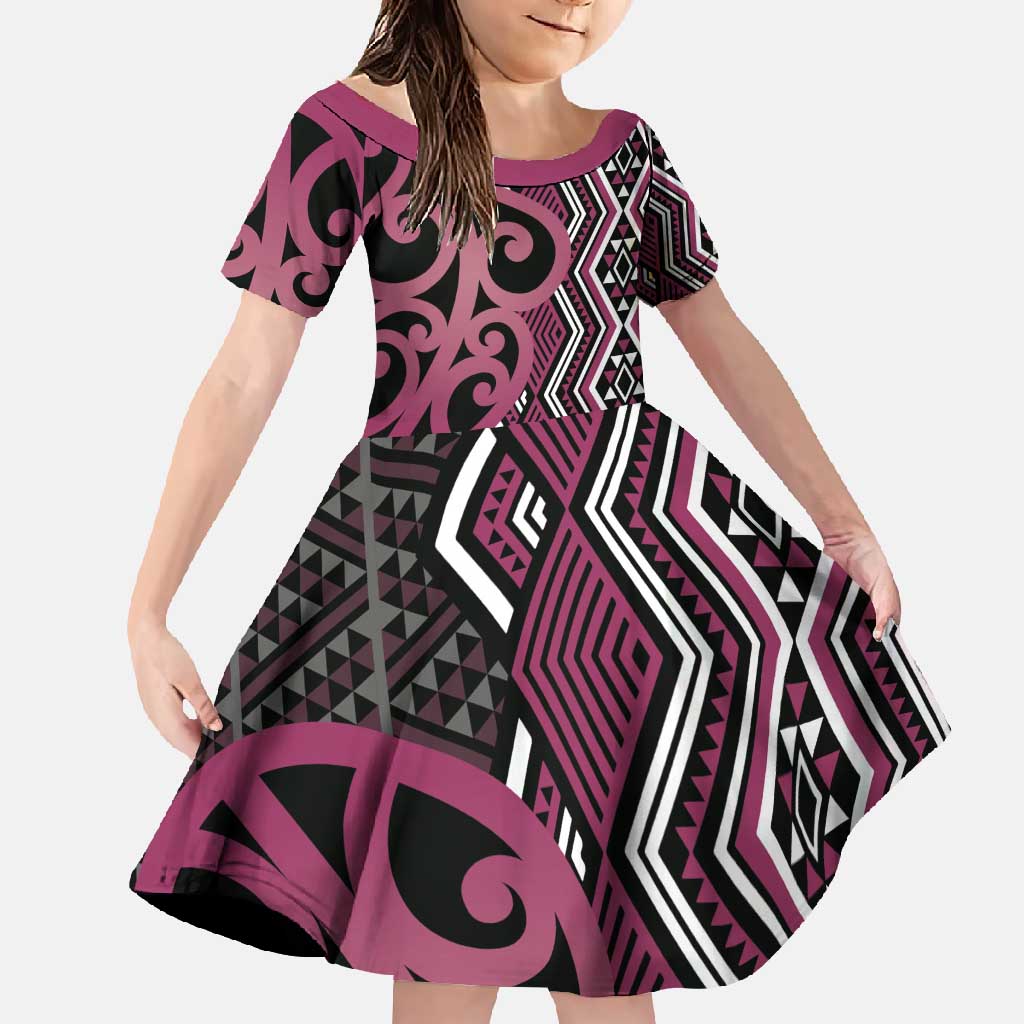 Maori Taniko Patterns Family Matching Short Sleeve Bodycon Dress and Hawaiian Shirt Pink Patiki Motifs Mix Whakairo Ngaru LT7 Daughter's Dress Pink - Polynesian Pride