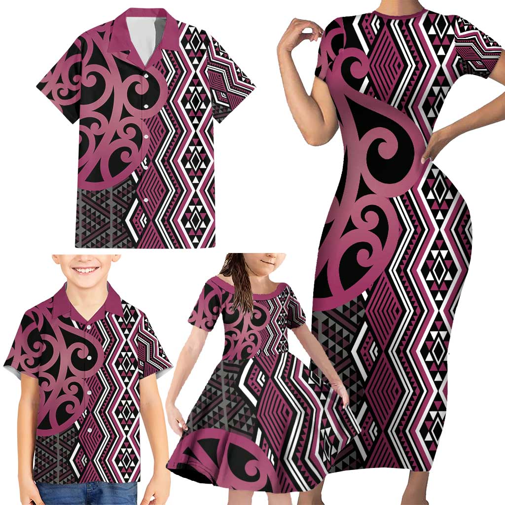 Maori Taniko Patterns Family Matching Short Sleeve Bodycon Dress and Hawaiian Shirt Pink Patiki Motifs Mix Whakairo Ngaru LT7 - Polynesian Pride