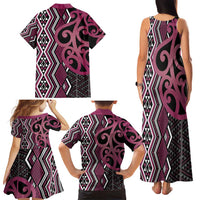 Maori Taniko Patterns Family Matching Tank Maxi Dress and Hawaiian Shirt Pink Patiki Motifs Mix Whakairo Ngaru