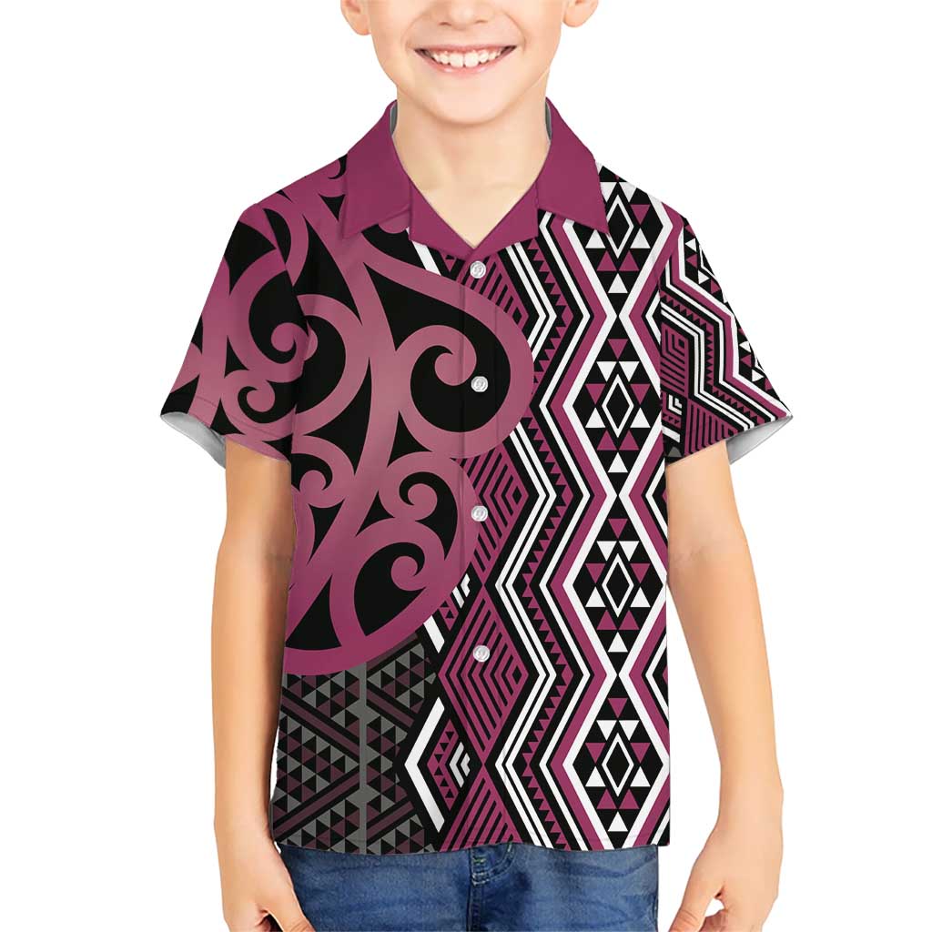 Maori Taniko Patterns Kid Hawaiian Shirt Pink Patiki Motifs Mix Whakairo Ngaru