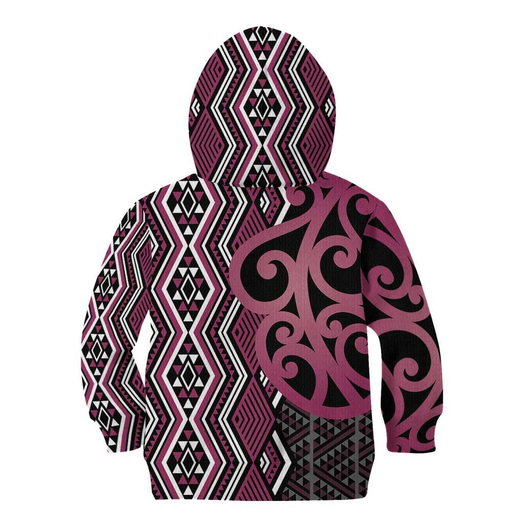 Maori Taniko Patterns Kid Hoodie Pink Patiki Motifs Mix Whakairo Ngaru