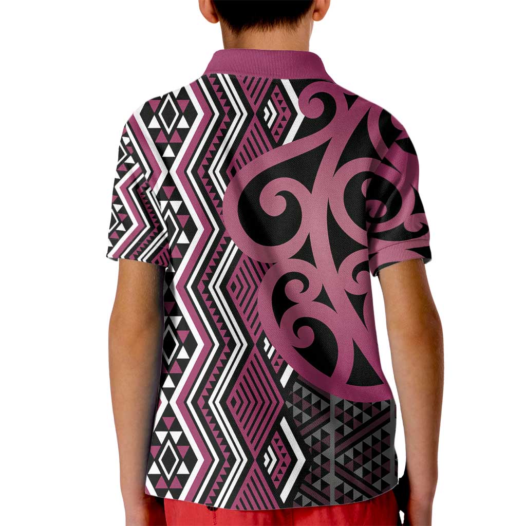 Maori Taniko Patterns Kid Polo Shirt Pink Patiki Motifs Mix Whakairo Ngaru