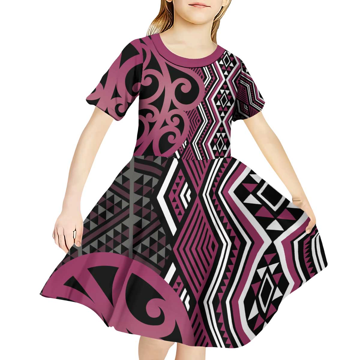 Maori Taniko Patterns Kid Short Sleeve Dress Pink Patiki Motifs Mix Whakairo Ngaru