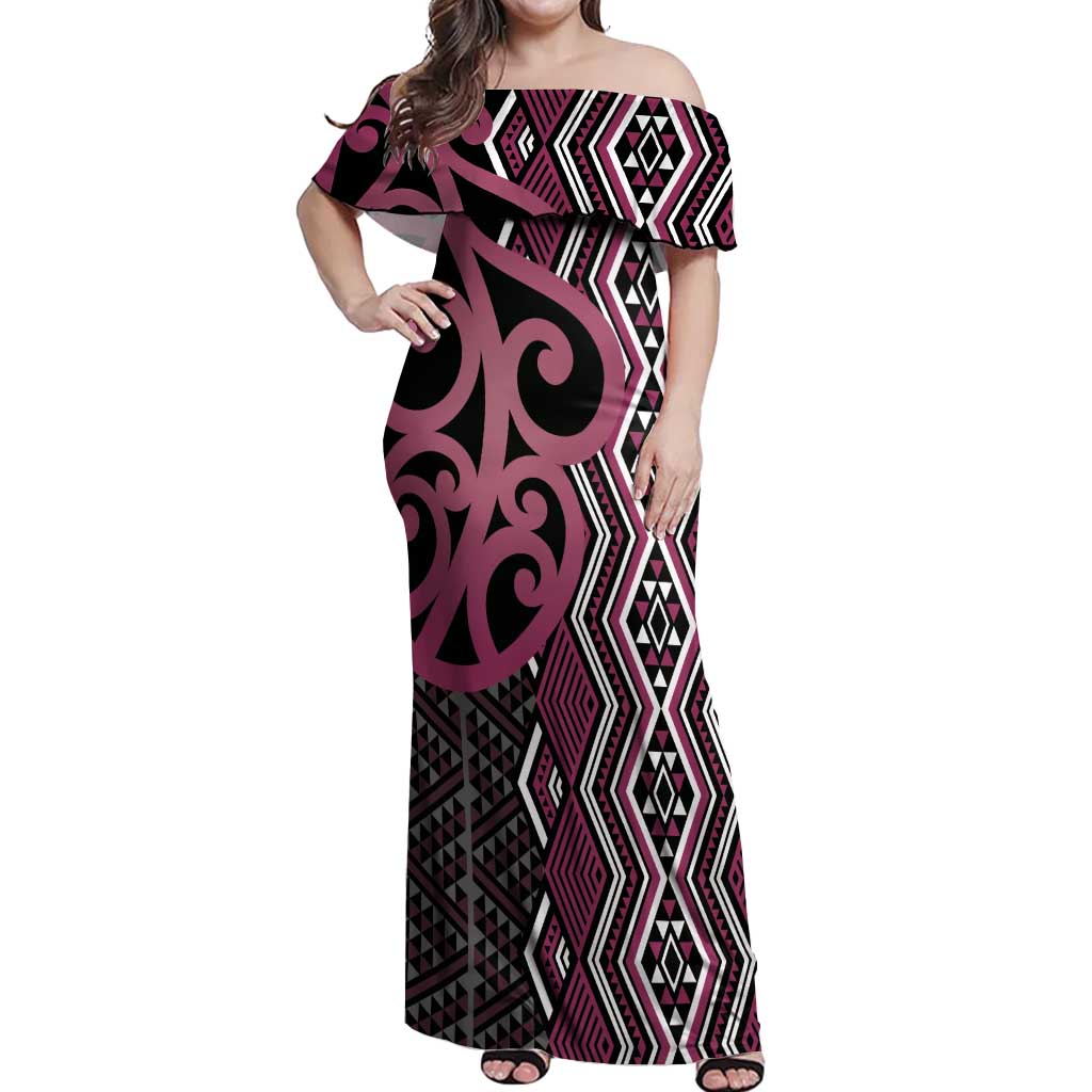Maori Taniko Patterns Off Shoulder Maxi Dress Pink Patiki Motifs Mix Whakairo Ngaru