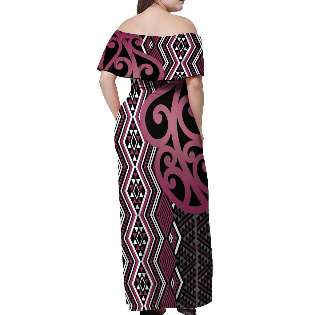 Maori Taniko Patterns Off Shoulder Maxi Dress Pink Patiki Motifs Mix Whakairo Ngaru