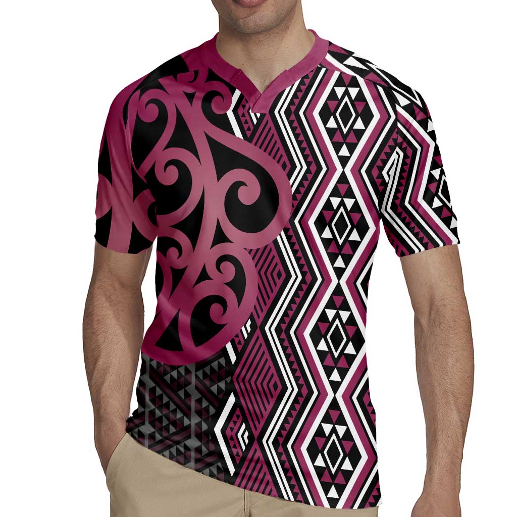 Maori Taniko Patterns Rugby Jersey Pink Patiki Motifs Mix Whakairo Ngaru