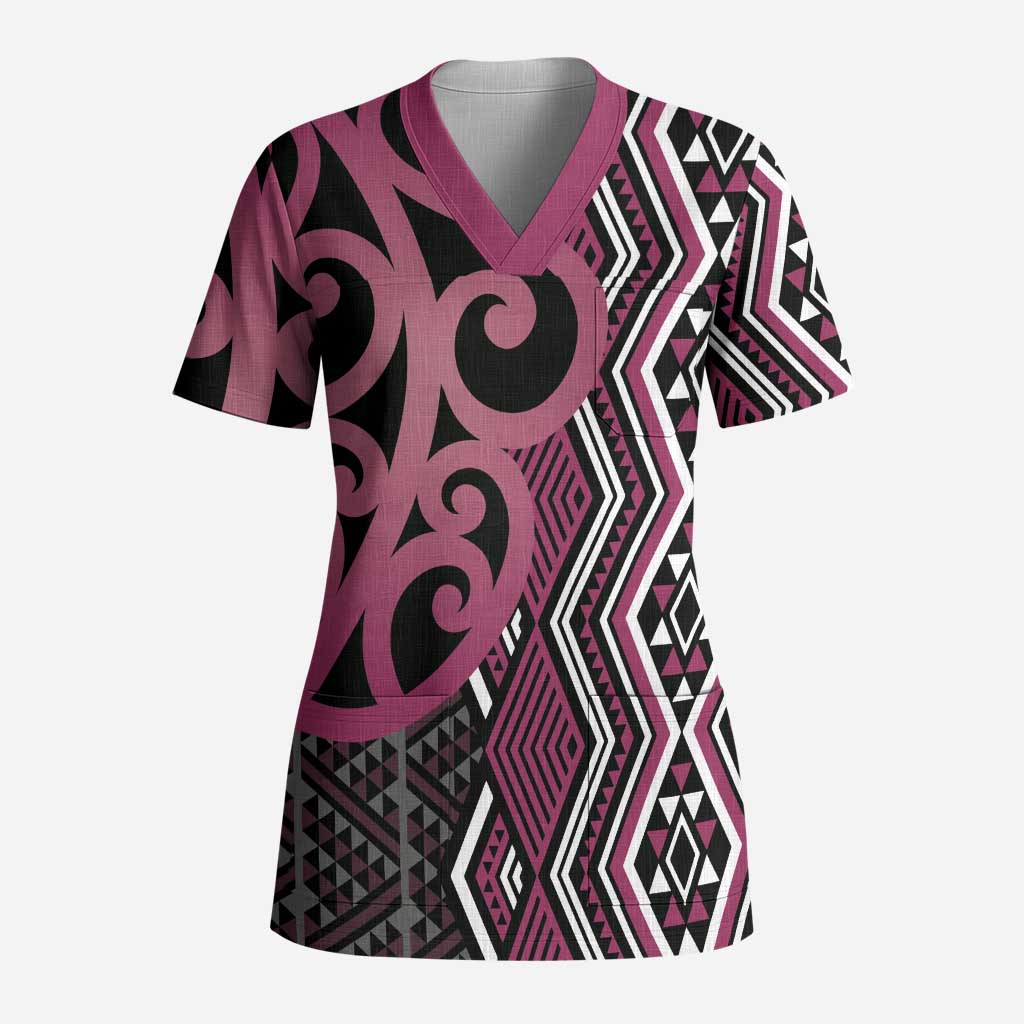 Maori Taniko Patterns Scrub Top Pink Patiki Motifs Mix Whakairo Ngaru - Polynesian Pride