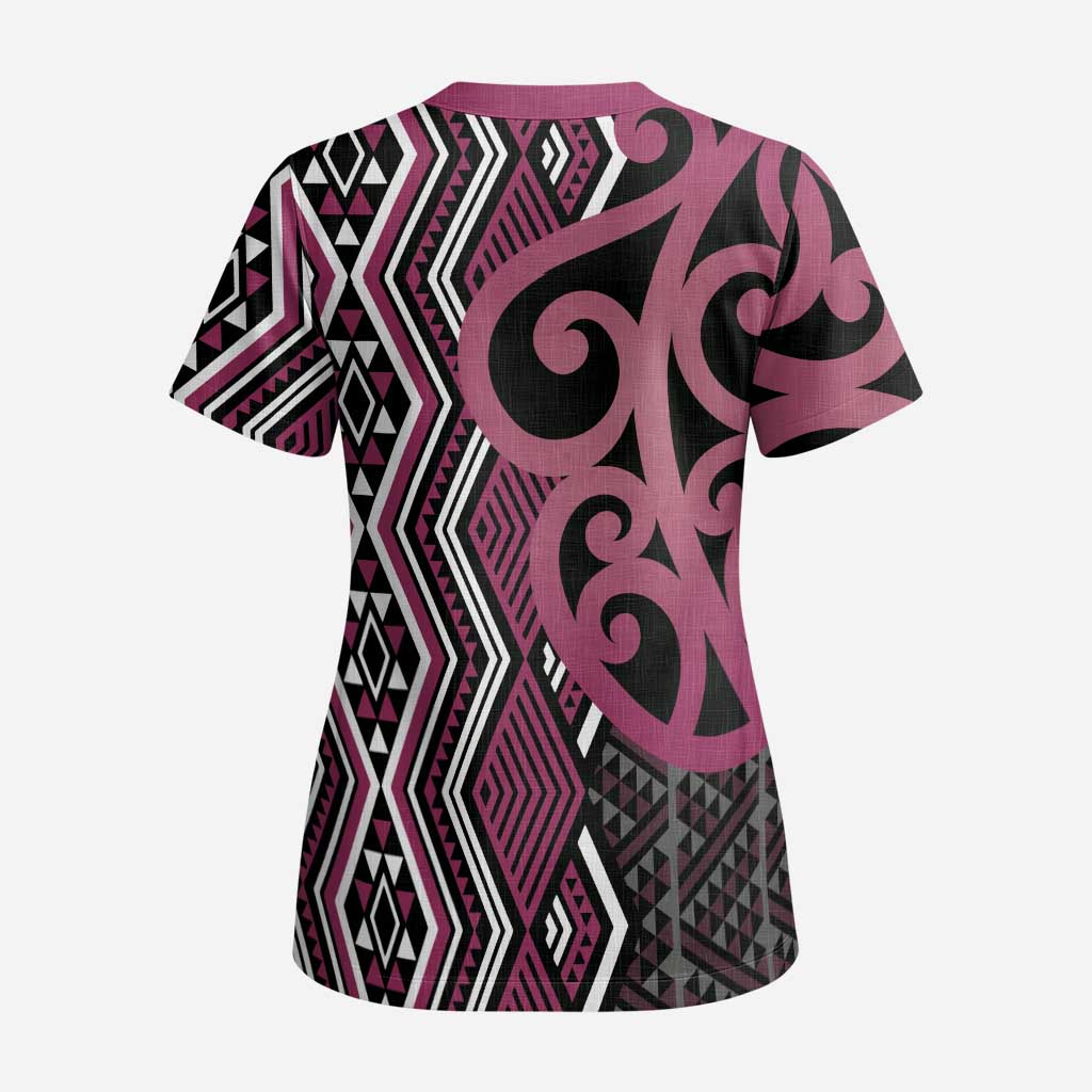 Maori Taniko Patterns Scrub Top Pink Patiki Motifs Mix Whakairo Ngaru - Polynesian Pride