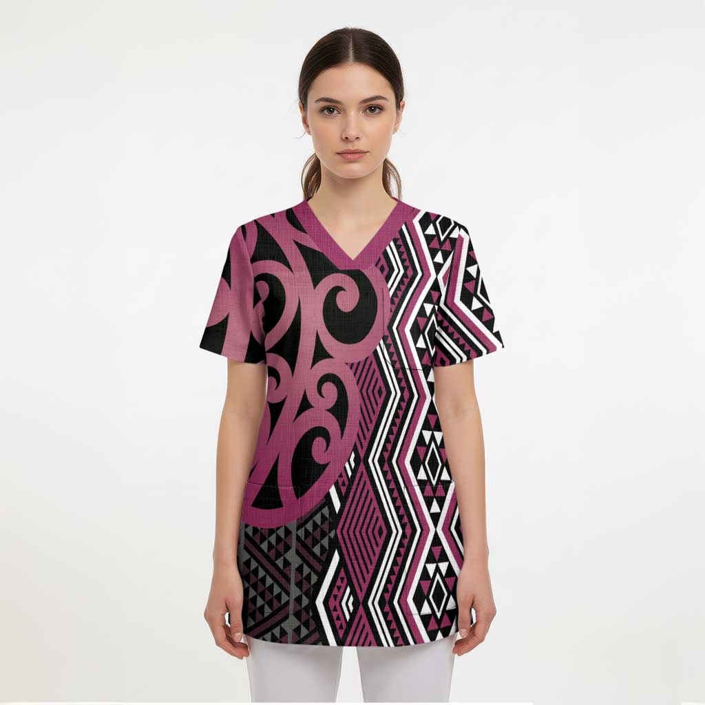 Maori Taniko Patterns Scrub Top Pink Patiki Motifs Mix Whakairo Ngaru - Polynesian Pride