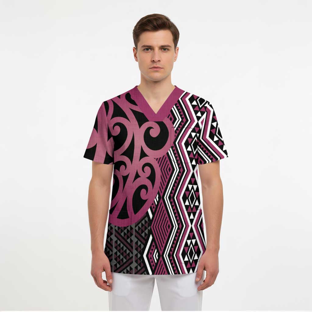 Maori Taniko Patterns Scrub Top Pink Patiki Motifs Mix Whakairo Ngaru - Polynesian Pride