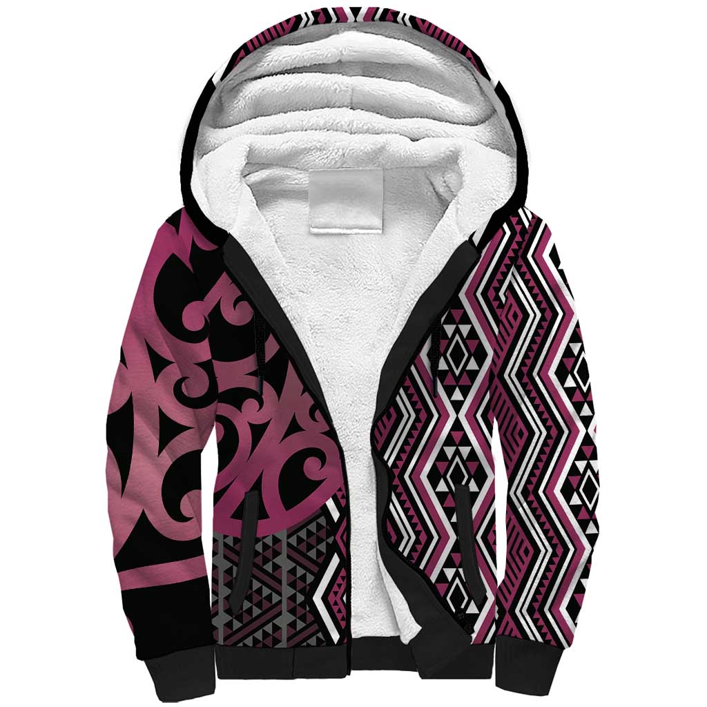 Maori Taniko Patterns Sherpa Hoodie Pink Patiki Motifs Mix Whakairo Ngaru