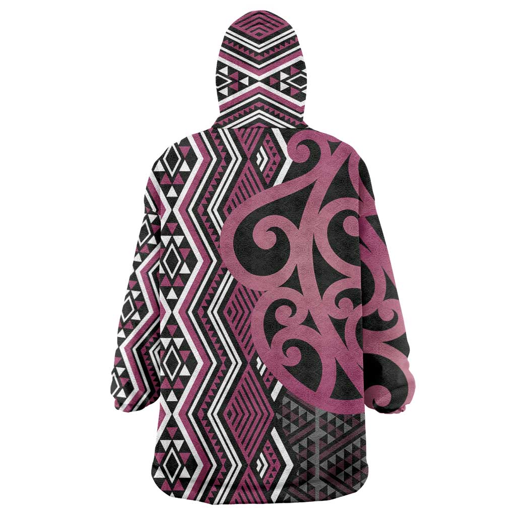 Maori Taniko Patterns Wearable Blanket Hoodie Pink Patiki Motifs Mix Whakairo Ngaru