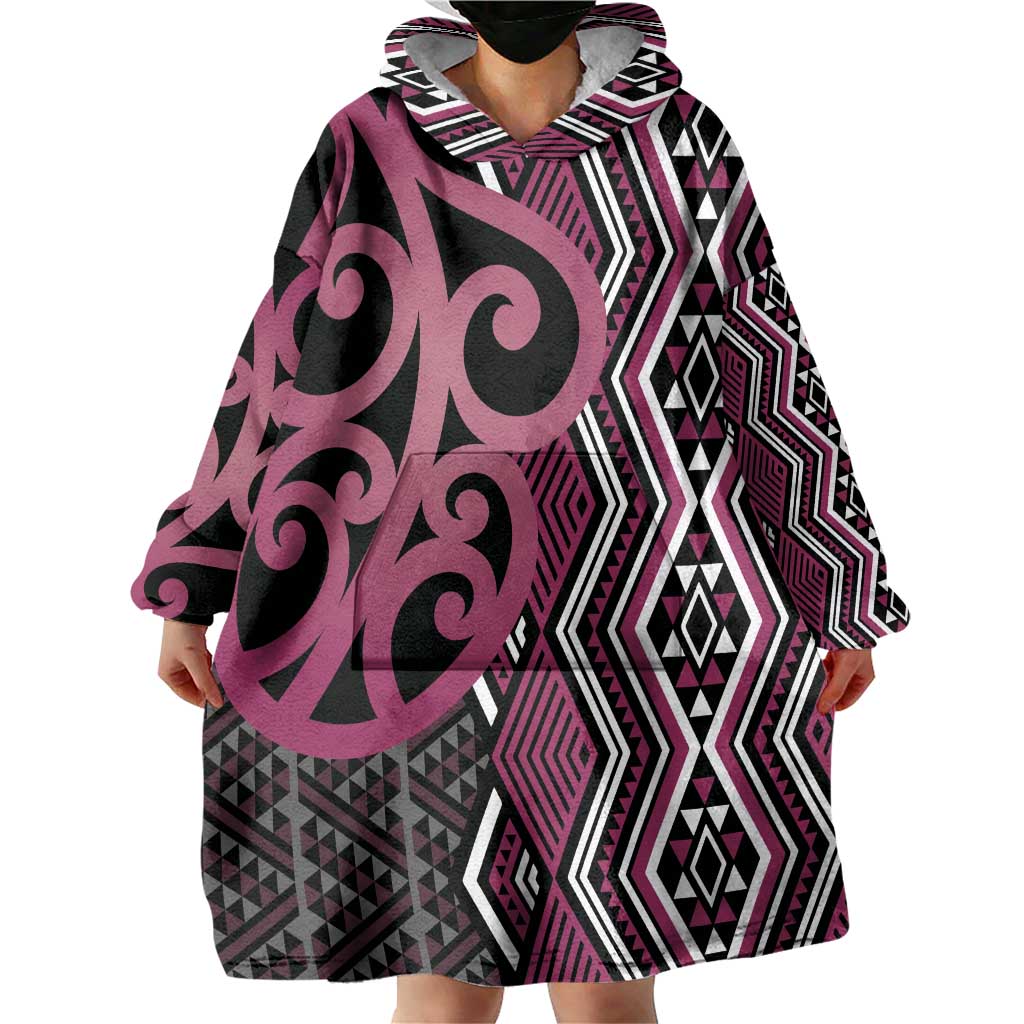 Maori Taniko Patterns Wearable Blanket Hoodie Pink Patiki Motifs Mix Whakairo Ngaru