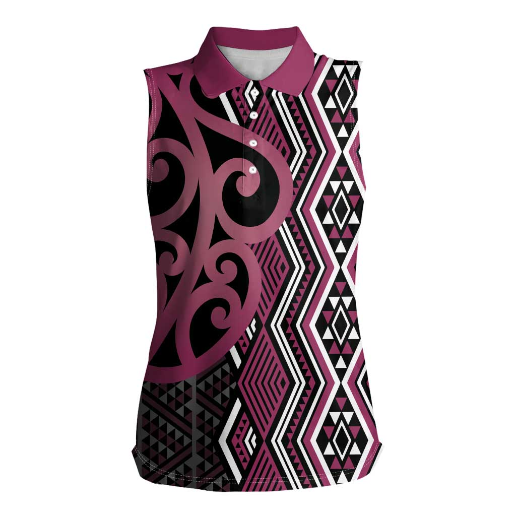 Maori Taniko Patterns Women Sleeveless Polo Shirt Pink Patiki Motifs Mix Whakairo Ngaru