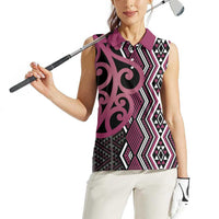 Maori Taniko Patterns Women Sleeveless Polo Shirt Pink Patiki Motifs Mix Whakairo Ngaru