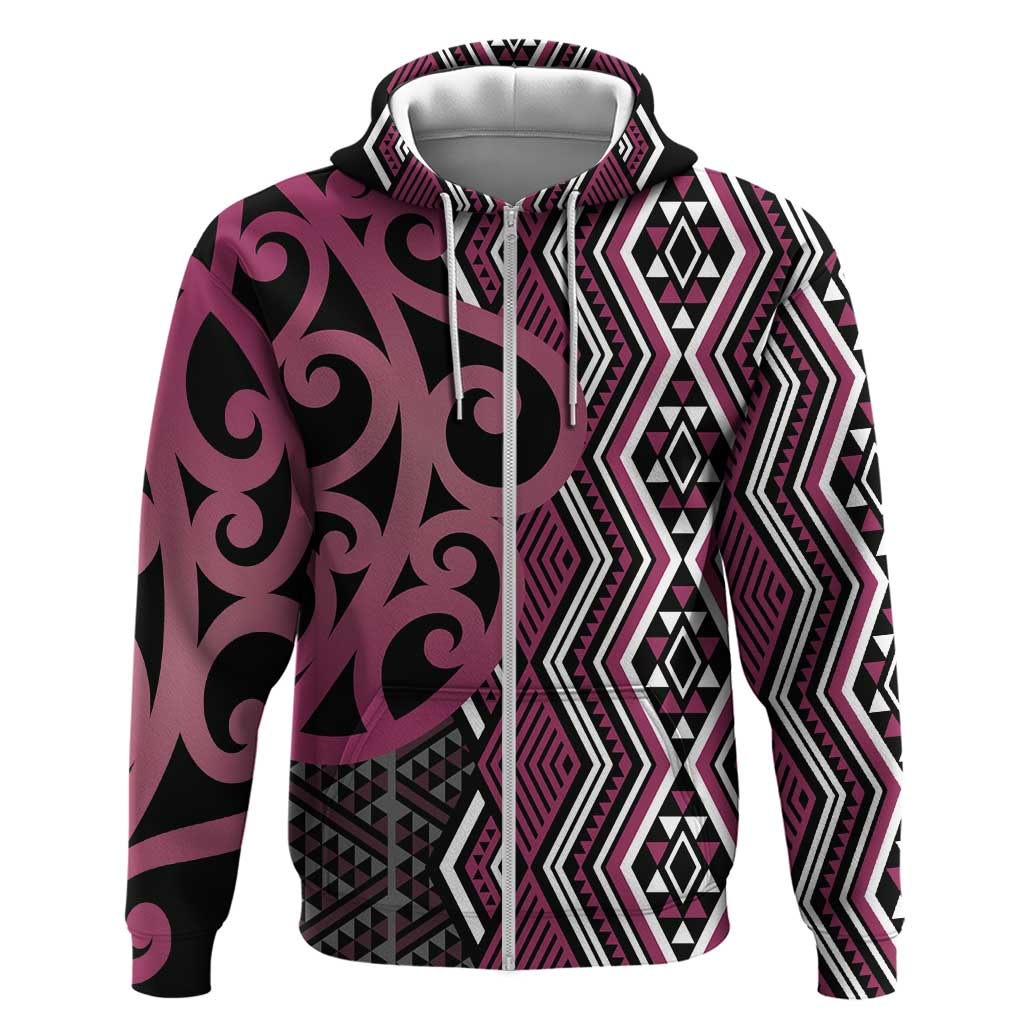Maori Taniko Patterns Zip Hoodie Pink Patiki Motifs Mix Whakairo Ngaru LT7 Zip Hoodie Pink - Polynesian Pride