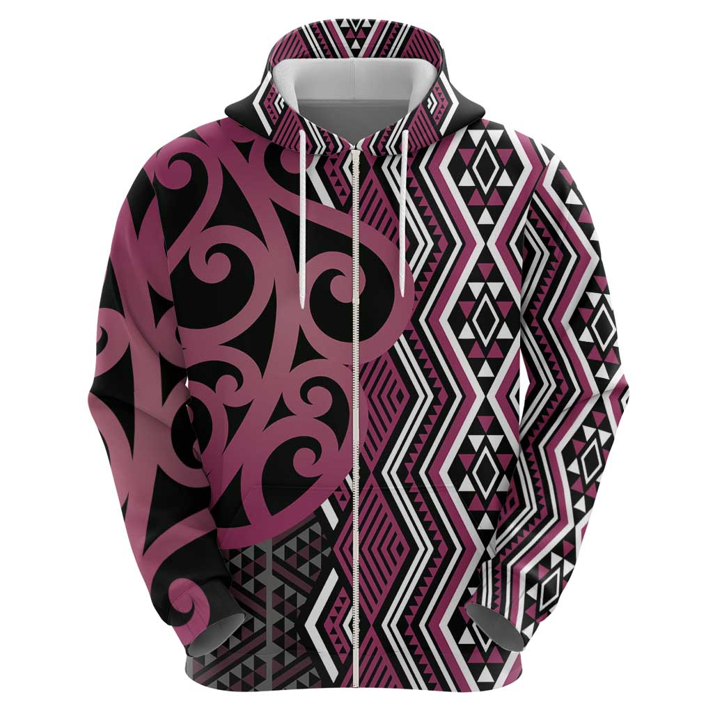 Maori Taniko Patterns Zip Hoodie Pink Patiki Motifs Mix Whakairo Ngaru LT7 - Polynesian Pride