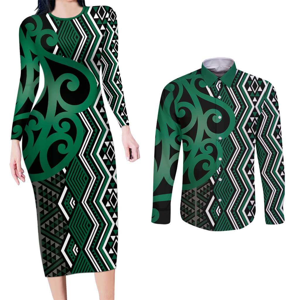 Maori Taniko Patterns Couples Matching Long Sleeve Bodycon Dress and Long Sleeve Button Shirt Pounamu Patiki Motifs Mix Whakairo Ngaru LT7 Green - Polynesian Pride