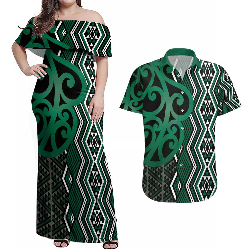 Maori Taniko Patterns Couples Matching Off Shoulder Maxi Dress and Hawaiian Shirt Pounamu Patiki Motifs Mix Whakairo Ngaru LT7 Green - Polynesian Pride