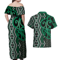 Maori Taniko Patterns Couples Matching Off Shoulder Maxi Dress and Hawaiian Shirt Pounamu Patiki Motifs Mix Whakairo Ngaru LT7 - Polynesian Pride
