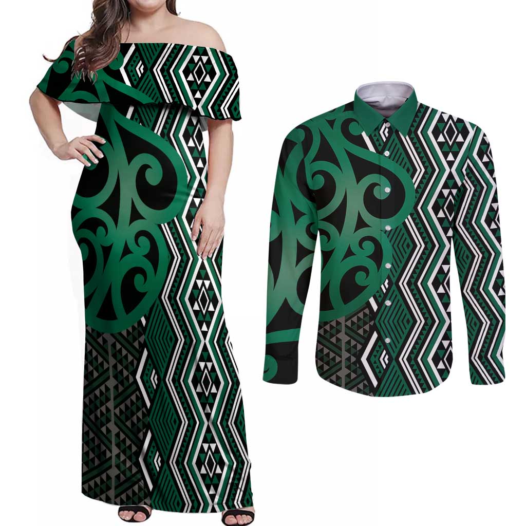 Maori Taniko Patterns Couples Matching Off Shoulder Maxi Dress and Long Sleeve Button Shirt Pounamu Patiki Motifs Mix Whakairo Ngaru LT7 Green - Polynesian Pride