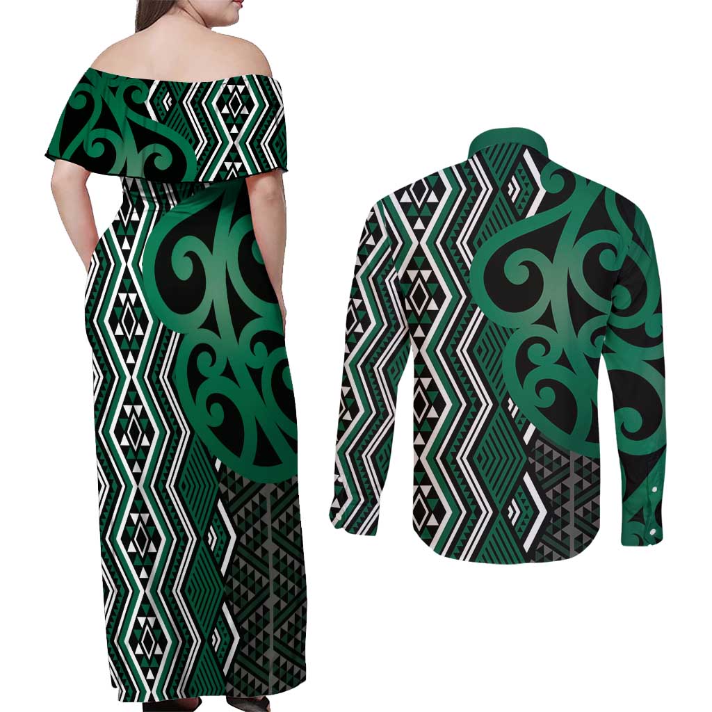 Maori Taniko Patterns Couples Matching Off Shoulder Maxi Dress and Long Sleeve Button Shirt Pounamu Patiki Motifs Mix Whakairo Ngaru LT7 - Polynesian Pride