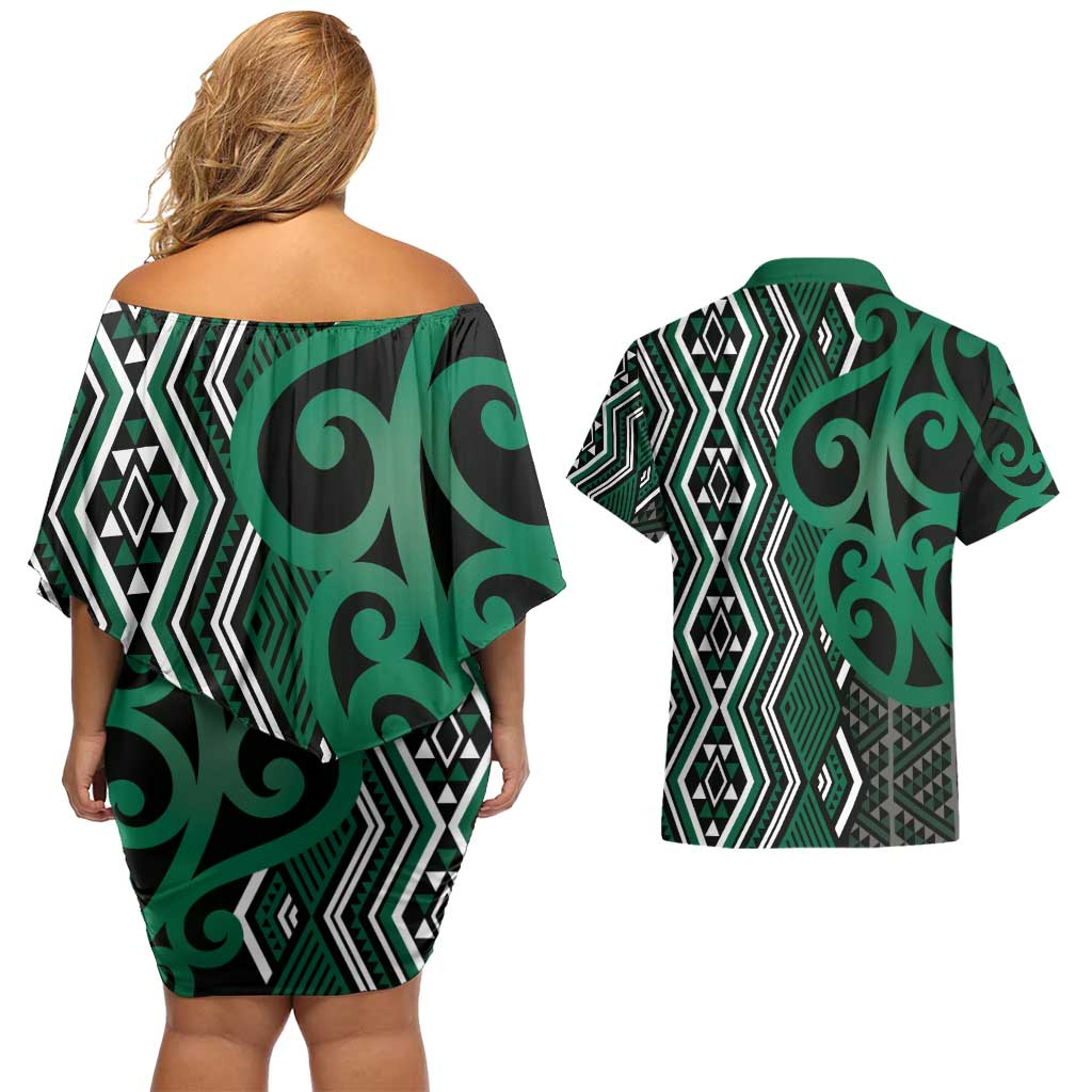 Maori Taniko Patterns Couples Matching Off Shoulder Short Dress and Hawaiian Shirt Pounamu Patiki Motifs Mix Whakairo Ngaru LT7 - Polynesian Pride