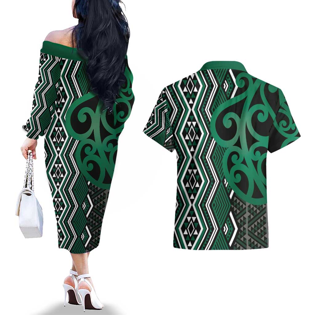 Maori Taniko Patterns Couples Matching Off The Shoulder Long Sleeve Dress and Hawaiian Shirt Pounamu Patiki Motifs Mix Whakairo Ngaru LT7 - Polynesian Pride
