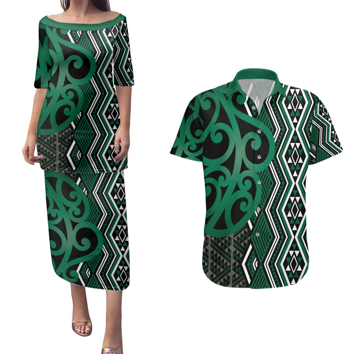 Maori Taniko Patterns Couples Matching Puletasi and Hawaiian Shirt Pounamu Patiki Motifs Mix Whakairo Ngaru LT7 Green - Polynesian Pride
