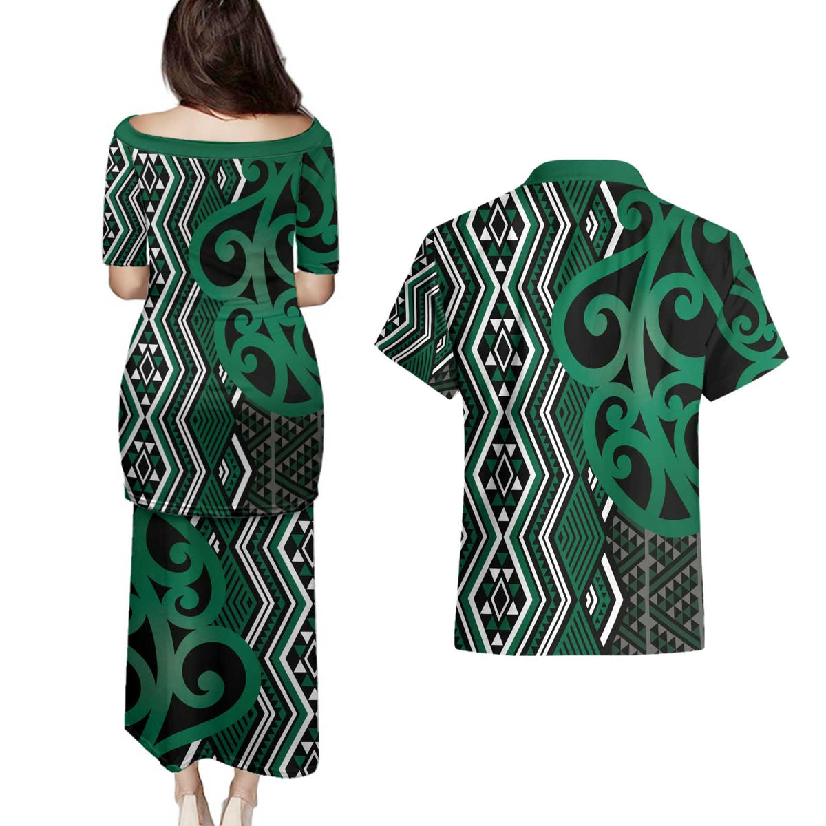 Maori Taniko Patterns Couples Matching Puletasi and Hawaiian Shirt Pounamu Patiki Motifs Mix Whakairo Ngaru LT7 - Polynesian Pride