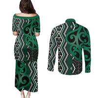 Maori Taniko Patterns Couples Matching Puletasi and Long Sleeve Button Shirt Pounamu Patiki Motifs Mix Whakairo Ngaru