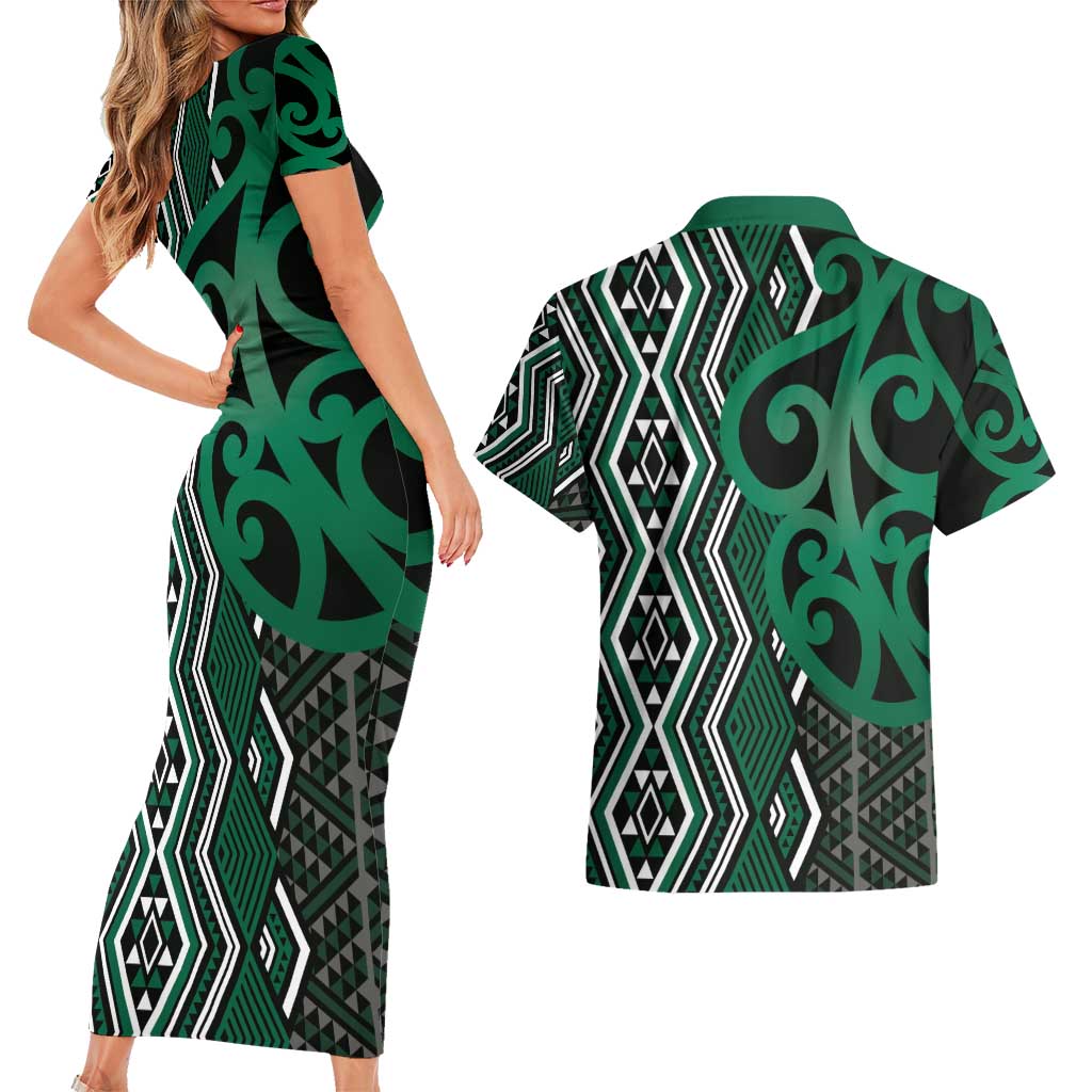 Maori Taniko Patterns Couples Matching Short Sleeve Bodycon Dress and Hawaiian Shirt Pounamu Patiki Motifs Mix Whakairo Ngaru LT7 - Polynesian Pride