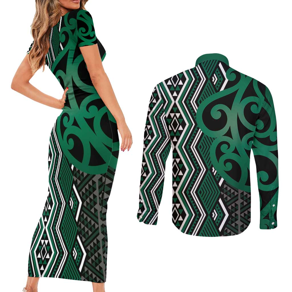 Maori Taniko Patterns Couples Matching Short Sleeve Bodycon Dress and Long Sleeve Button Shirt Pounamu Patiki Motifs Mix Whakairo Ngaru LT7 - Polynesian Pride