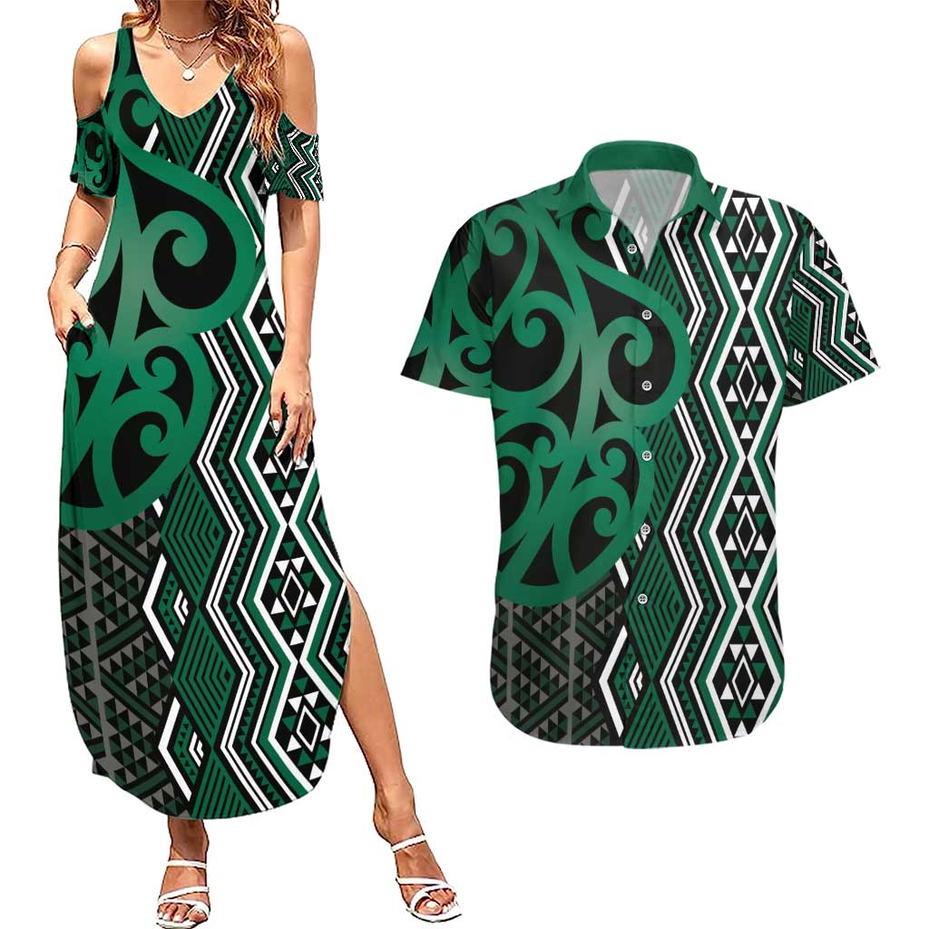 Maori Taniko Patterns Couples Matching Summer Maxi Dress and Hawaiian Shirt Pounamu Patiki Motifs Mix Whakairo Ngaru LT7 Green - Polynesian Pride