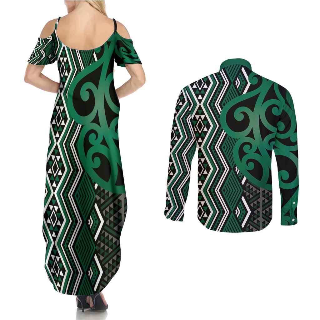 Maori Taniko Patterns Couples Matching Summer Maxi Dress and Long Sleeve Button Shirt Pounamu Patiki Motifs Mix Whakairo Ngaru LT7 - Polynesian Pride