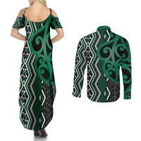 Maori Taniko Patterns Couples Matching Summer Maxi Dress and Long Sleeve Button Shirt Pounamu Patiki Motifs Mix Whakairo Ngaru LT7 - Polynesian Pride